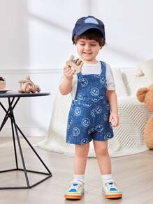 SHEIN 男婴笑脸图案工装裤和短裤，休闲百搭