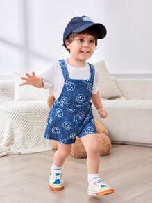 SHEIN 男婴笑脸图案工装裤和短裤，休闲百搭