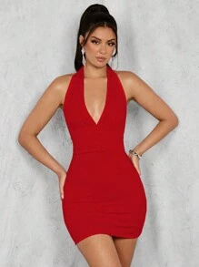 Glamine Vestido mini ajustado con cuello en V profundo, escote halter, espalda descubierta y fruncido - Rojo - Ver 6