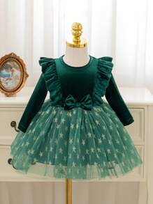 Glamorique Kids Christmas Baby Girl Green Tulle Gold Star Puffy Party Dress, Long Sleeve Velvet Ruffle Autumn/Winter Baby Girl Dress, Bowknot Front, Suitable For Daily, Stage Performance, Middle East & Europe - Dark Green - View 4