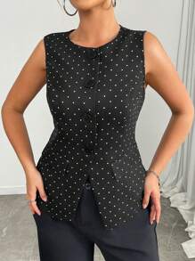 Franclia Blazer informal a medida de manga corta con cuello redondo y bolsillos falsos con estampado de lunares en estilo francés para mujer de talla grande, para todas las temporadas