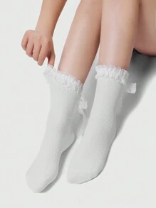 ROMWE Kawaii 2 pares de calcetines de media pantorrilla para mujer de unicolor simple, con lazo de encaje y malla, que absorben la humedad y proporcionan aislamiento térmico, versátiles y con volantes a la moda, adecuados para uso diario, con empaque de caja de regalo