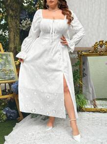 Lyrianda French Elegant Sweet Puff Sleeve High Slit Dress, Square Collar Ditsy Floral Waist Slimming Dress For Women - White - View 8