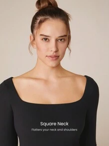 GLOWMODE FeatherFit™ Square Neck Curved Double-Layer Hem Everyday Tee Low Impact Yoga Daily - Black - View 3