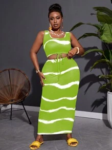 Slaydiva Conjunto de 2 piezas de minifalda y chaleco con cordón con estampado de rayas tie-dye de corte ceñido y tejido elástico para vacaciones, talla grande - verde menta - Ver 4