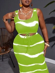 Slaydiva Conjunto de 2 piezas de minifalda y chaleco con cordón con estampado de rayas tie-dye de corte ceñido y tejido elástico para vacaciones, talla grande - verde menta - Ver 7