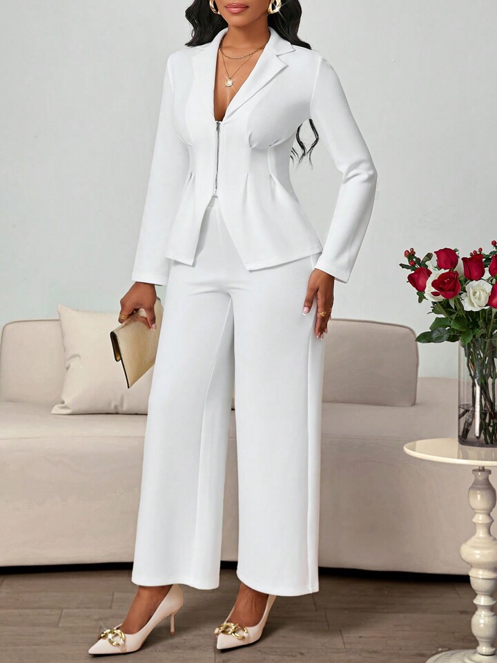 SHEIN Lady 2 Pieces Women's White Solid Lapel Long Sleeve Zip Jacket And Pants Set Valentine's Day