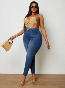 SHEIN EZwear 大碼高腰緊身牛仔褲 - 中等水洗藍 - 查看 6