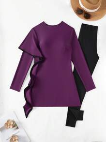 Swim Mulvari Summer Women's Loose Long Sleeve Round Neck Solid Color Beach T-Shirt With Waist Side Flying Edge And Solid Black Long Pants Burkinis Swimsuit Purple Clothes Set Arabic Clothing - Purple - View 6