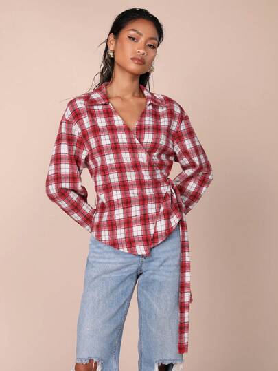 COSMINA Women's Casual Check Pattern Lace-Up Wrap Shirt, Autumn