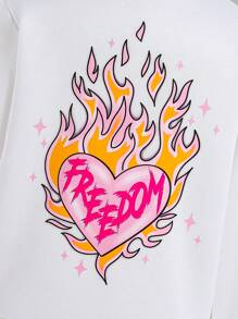 Conjunto de 2 piezas para niña preadolescente con sudadera de cuello redondo blanca con estampado de corazón en llamas y diseño cultural en Y, y pantalones, diseño elegante para la escuela, viajes, otoño/invierno