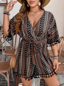 Breezaya Plus Size Women Boho Christmas Holiday Floral Print Tassel Trim V-Neck Jumpsuit, Cooling Outfit, For Summer - Multicolor - View 4