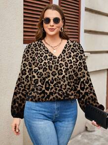 SHEIN LUNE Plus Size Vrouwen Luipaard Print V-hals Lantaarn Mouw Losse Fit Lange Mouw Shirt, Geschikt Voor Herfst/Winter