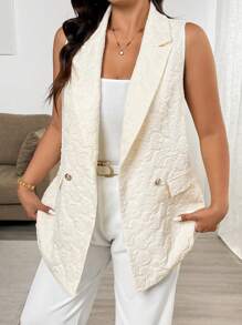 Flirla 3D Floral Print Plus Size Women Double-Breasted Vest Jacket - Apricot - View 3