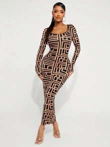 SHEIN SXY Geometric Print Long Sleeve Scoop Neck Figure Flattering Midi Dress, Autumn/Winter Season