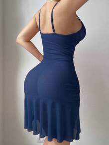 Slumberist 2pcs/Set Lace Contrast Mesh Sexy Nightgown Blue Dress Set With Underwire Bra & G-String - Royal Blue - View 2