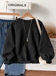 Tween Girl Casual Everyday Round Neck Star Embossed Sweatshirt, Autumn - Black - View 1