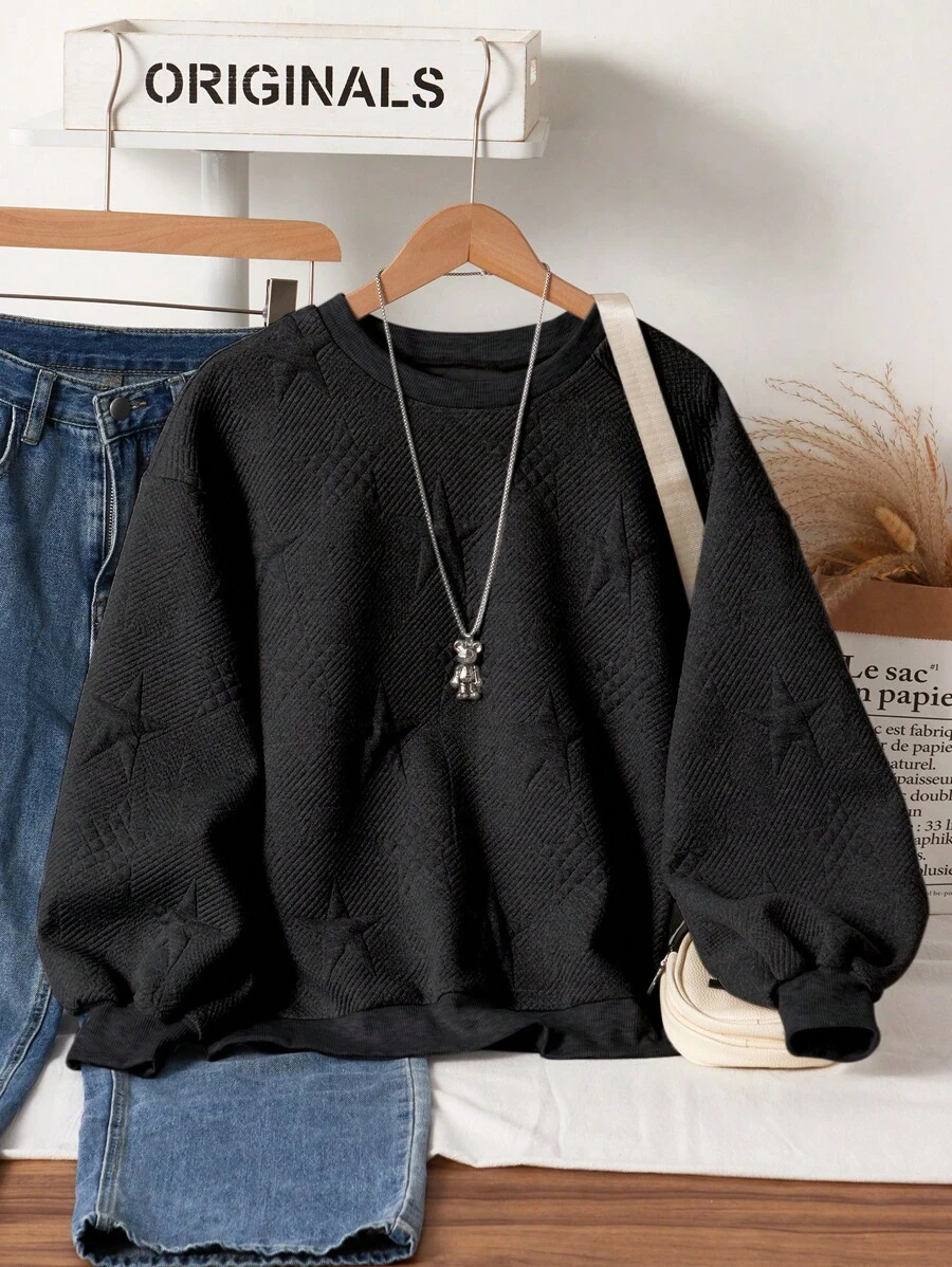 Tween Girl Casual Everyday Round Neck Star Embossed Sweatshirt, Autumn - Black - View 1