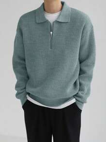 DAZY Men's Solid Color Zipper Knitted Sweater, Casual & Stylish For Daily Wear,Fall Clothes - Green - View 2