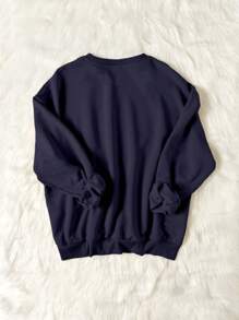 Attitoon Casual Minimalist Leaf Graphic Print Round Neck Loose Women Sweatshirt, Autumn/Winter - Navy Blue - View 2