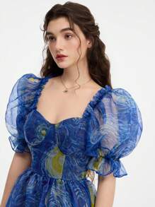 SHEIN MOD 梵高星夜印花蓝色女士长裙、万圣节服装、派对礼服 - 藍色 - 查看 3