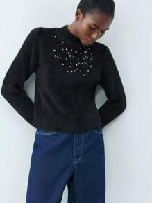 Maija Pull en tricot avec décoration de strass, style urbain chic, élégant, casual et rétro. Pour femme, automne/hiver - Noir - Voir 1