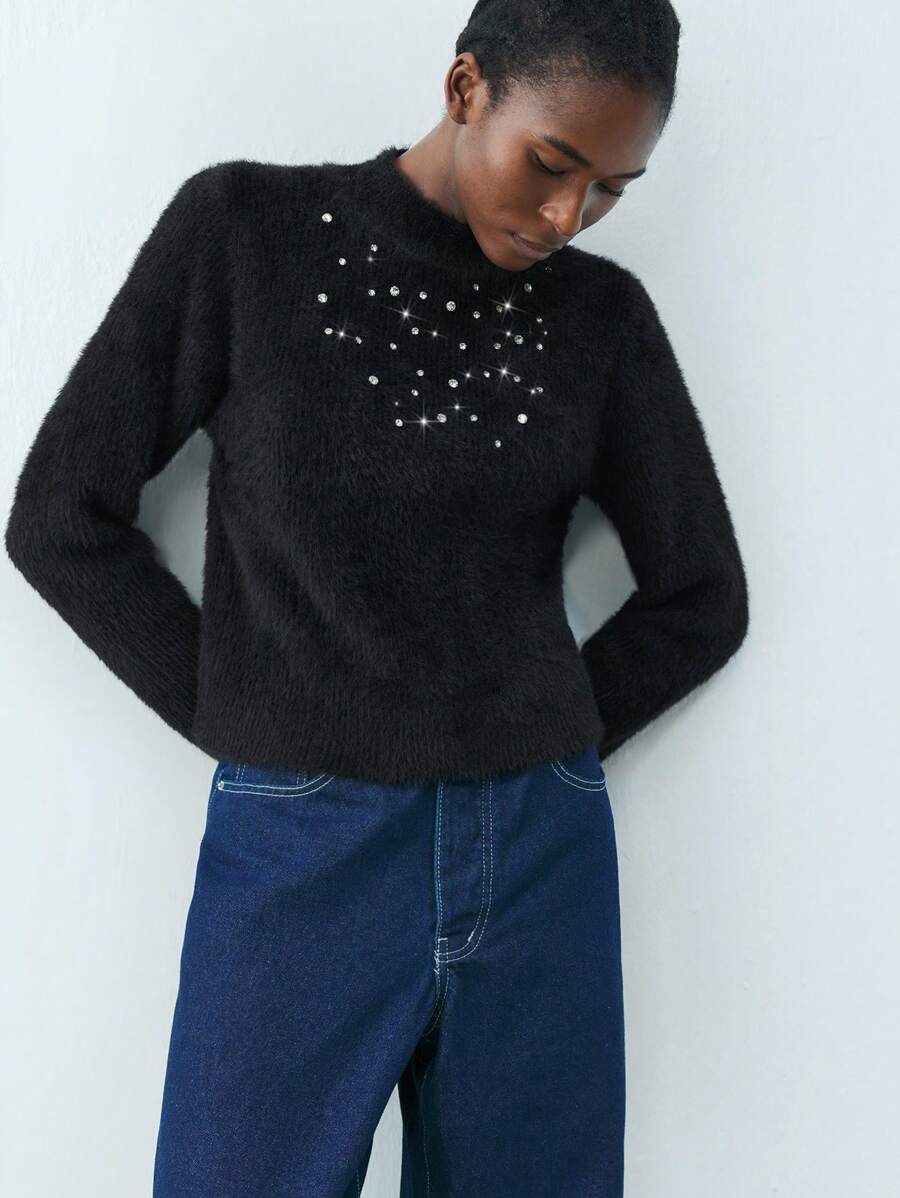 Maija Pull en tricot avec décoration de strass, style urbain chic, élégant, casual et rétro. Pour femme, automne/hiver - Noir - Voir 1
