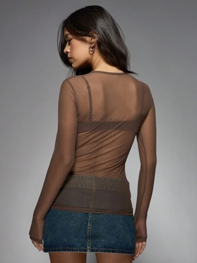 MISSGUIDED Power Mesh Sheer Long Sleeve Bodycon Top｜MISSGUIDED
