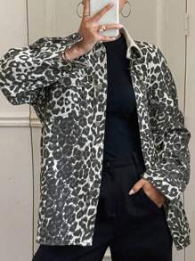 DAZY Women's Autumn Chic Leopard Print Denim Jacket Cheetah Print