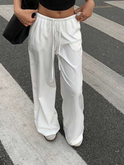 SHEIN EZwear Pantalones rectos de pierna suelta y casual de tela ligera, apropiados para la primavera y el verano