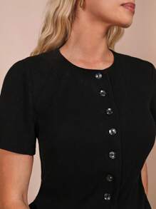 COSMINA 2pcs Women Solid Color Round Neck Short Sleeve Single Breasted Top & Shorts Casual Set - Black - View 3