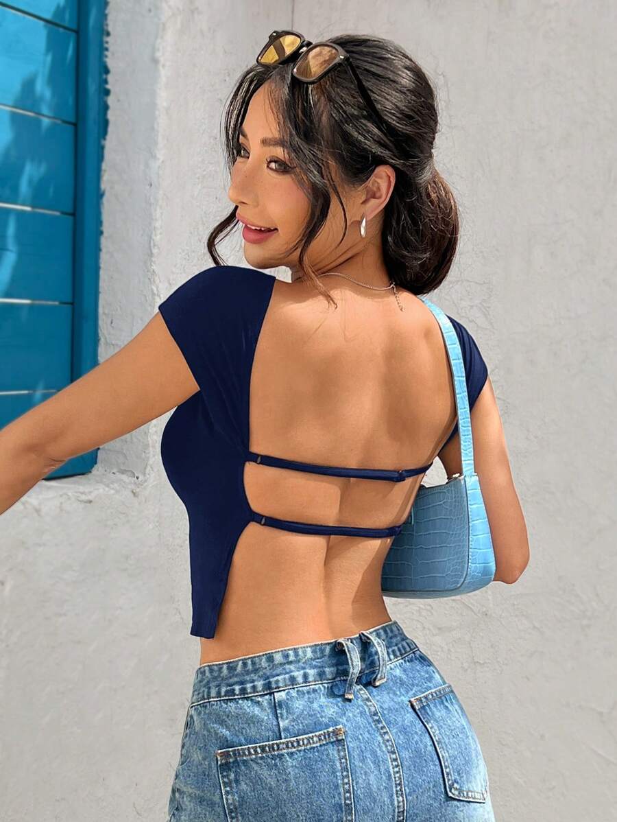 SHEIN EZwear Camiseta de mujer de ajuste ceñido sin espalda de punto en azul marino - Azul Marino - Ver 1