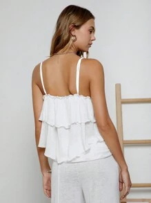 Easelle Camiseta sin mangas con volantes blancos y punto casual para mujer - Blanco - Ver 3