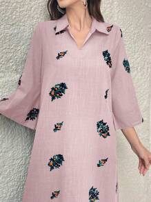 Al Najma Elegant Floral Embroidery Long Maxi Caftan Dress For Vacation