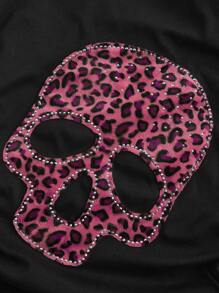 ROMWE Camiseta ajustado fucsia de talla grande con cuello asimétrico, parche de calavera de leopardo y strass, estilo Y2K sexy