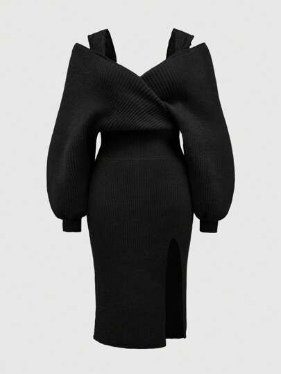 Damen Große Größen Große Größen V-Ausschnitt Spitzen Patchwork Laternärmel Schlitz Strickkleid