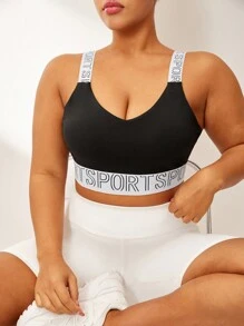 Easithlete Plus Size Colorblock Slogan Elastic Band Back Button Sports Bra, Spring/Summer - Black - View 1