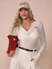 COSMINA Blusa de mujer de manga larga con cuello en V y punto acanalado, de corte slim - Crema - Ver 3