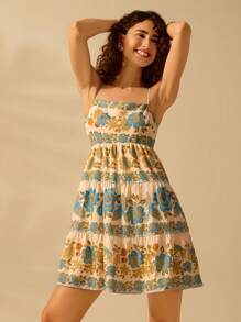 CAJUNI Vrouwen Boho Tropische Vogel & Bloemenprint Vakantie Casual Zomer Strand Mouwloos Vetersluiting Rugloos Korte Jurk