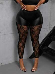 Maweii Leggings transparentes con parches de encaje y piel sintética para mujer talla grande