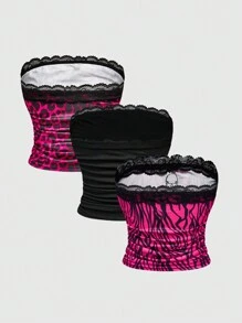 ROMWE J-Fashion Spring/Summer Valentine's Day Y2K Style Crop Top Set For Women, Featuring Star, Cross, Skull, And Animal Prints With Rhinestone Decor - Hot Pink - View 2