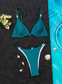 Summer Women Beach Vacation Shiny Fabric Spaghetti Strap Triangle Cup Thong Bikini Two Pieces Bikini