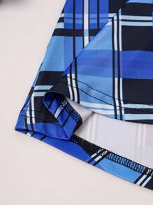 EMERY ROSE 女士春夏格子印花露肩系带长袖休闲T恤，春季女式上衣 - 藍色 - 查看 5