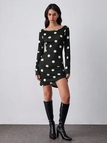 SHEIN Unity Women's Black And White Polka Dot Dress,Autumn 70s Retro French Style,Everyday Soft Ribbed Knit Elastic Off Shoulder Fitted Slim Bodycon Long Dress - Black - View 6