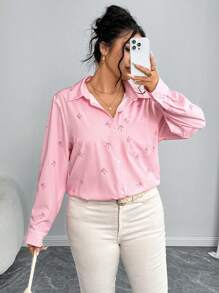 Elenzga Casual Romantic Pink Bow Print Blouse, Valentine's Gift Women Shirt ValentinesPink Lover Bow - Pink - View 3