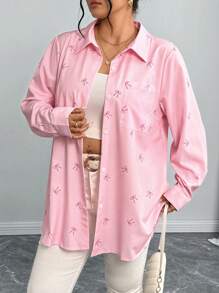 Elenzga Casual Romantic Pink Bow Print Blouse, Valentine's Gift Women Shirt ValentinesPink Lover Bow - Pink - View 6