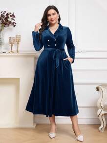 Modelyn Plus Size Elegant Solid Color Double-Breasted Dress Long Evening Dresses - Teal Blue - View 3