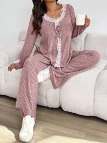 Calvaya Bộ đồ ngủ dài tay viền ren cỡ lớn thường ngày - Bụi hồng - Xem 5