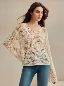 Anewsta Suéter de punto holgado de manga larga con diseño de recorte floral, elegante para ir al trabajo, salidas casuales y vacaciones en primavera/verano. Suéter de punto de otoño e invierno - Blanco - Ver 7