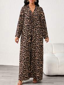 SHEIN Lady 女士豹纹长袖前系带长外套和阔腿裤宽松两件套，秋季